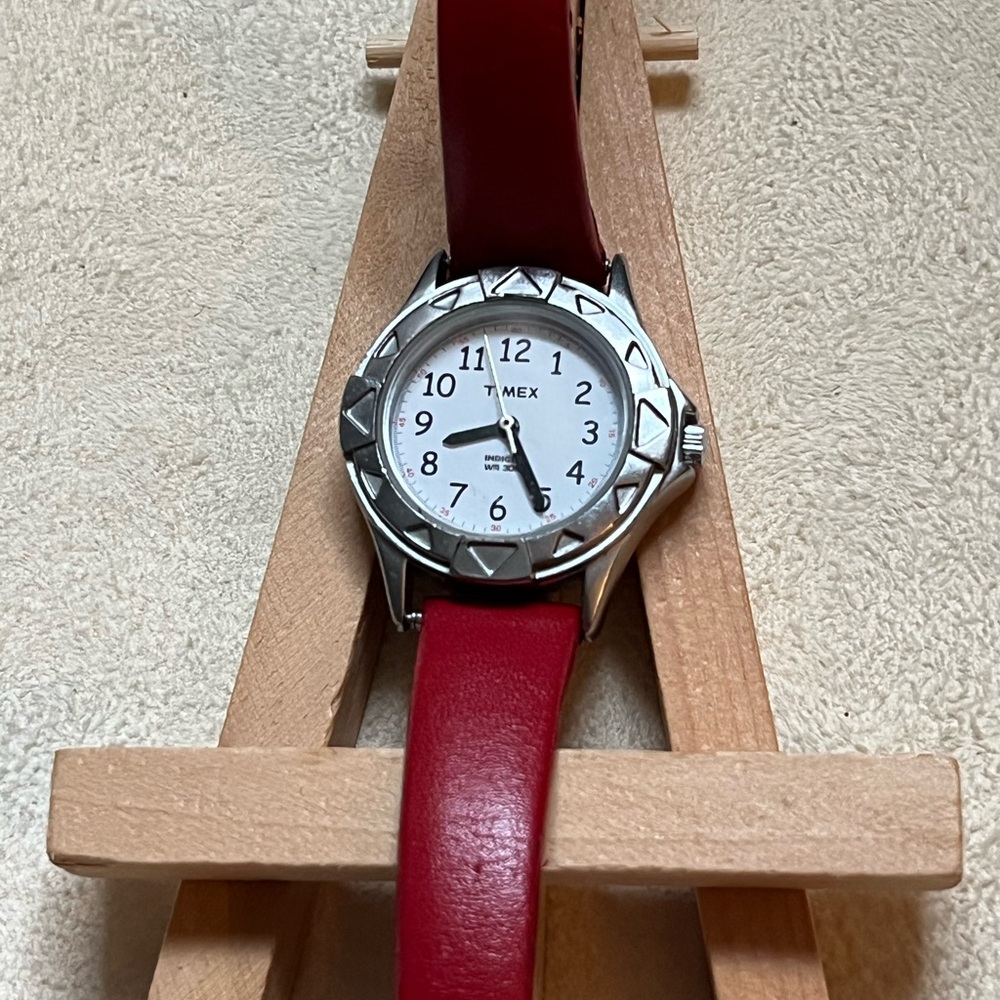 Vintage Timex Indiglo Stainless Steel Watch with Red Strap